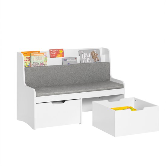 SoBuy Kinderopbergbank met Boekenkast en 2 Laden op Wielen - Kinderboekenkast met Zitkussen - Wit, 100x45x70cm, KMB66-W
