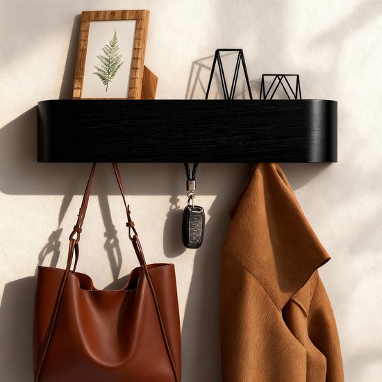 Soontrans Houten Wandgemonteerde Kapstok met Moderne Kapstok met Verborgen Wandhaken, 50 x 10 x 7,5 cm Wandkapstok, Minimalistische Stijl Voor Slaapkamers, Woonkamers en Gangen (Zwart) van Soontrans