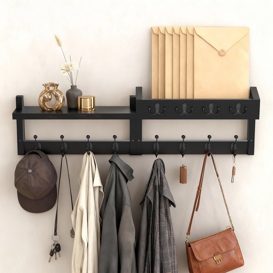 Soontrans Houten wandkapstok - kapstok met 8 kapstokhaken en 4 sleutelhaken, Wandgarderobes Met Plank, Set van 2 Wandrekken In één Pakket, Wandkapstok Minimalistisch Design Voor Slaapkamers en Gangen (Zwart)