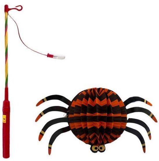 Spinnen Lampion - Zwart-Oranje - 12x25cm - Halloween - Versiering - Decoratie - Lampionnen - Met Stok - Griezelige Spin - Optocht