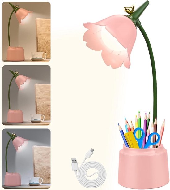 SSTRWGOOD Kinderbureaulamp met pennenhouder - Dimbaar LED-nachtlampje - 3 kleurtemperaturen - 360° draaibare arm - Oplaadbare lees- en studielamp - Roze