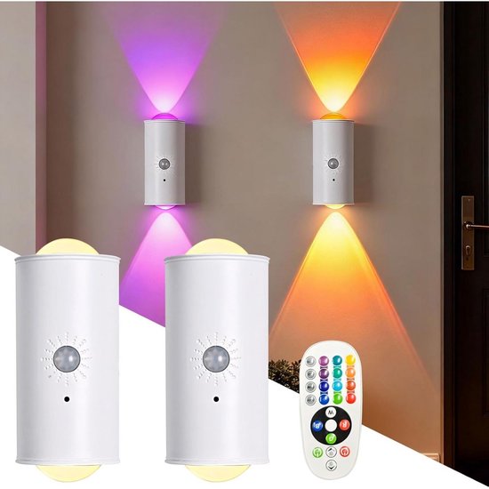 SSTRWGOOD Nachtlampjes met bewegingssensor - Set van 2 - Magnetische LED-nachtlampjes - 16 kleurgradaties - Draadloze wandlamp voor binnen - Bewegingssensorlamp - Schakelbare RGB-, dag- en nachtmodus - Geschikt voor slaapkamers, keukens en badkamers van SSTRWGOOD