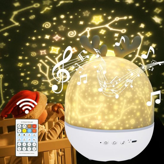 Star Light Projector met Muziek, Nachtlampje Kinderen met Afstandsbediening & Timer, 360 ° Rotatie Ster Projector Nachtlampje met 4 Lichtmodi/6 Projectie Thema's/7 Helderheid/8 Soorten MuziekSlaap als onder de Sterren - Projectorlamp met 12 Kleuren , van uraqt