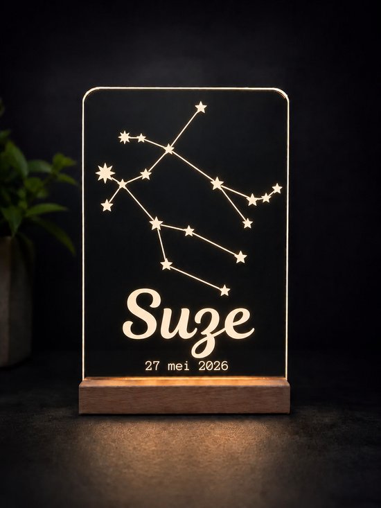 Sterrenbeeld lampje Tweelingen - gepersonaliseerd met NAAM en GEBOORTEDATUM - LED 11cm x 16cm van Laserloom