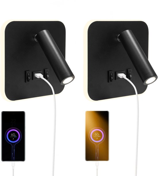 Stervia Nachtlampje - Set van 2 - Leeslampje - LED - Met USB Poort - 330° Draaibaar Lampje - 3000K Licht - Zwart - 14.5 x 14.5 cm van Stervia