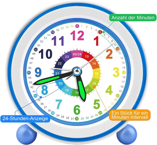 Stille Kinderwekker Analoog met Snooze en Nachtlampje - Batterijgevoed Blauw van Merkloos