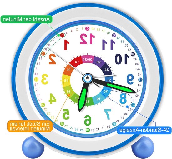 Stille Kinderwekker Analoog met Snooze en Nachtlampje - Batterijgevoed Blauw