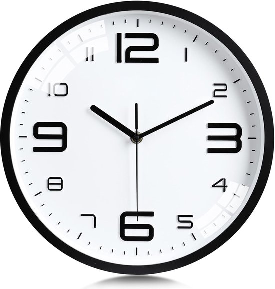 Stille Wandklok Rond 30 cm – Moderne Witte Analoge Klok – Groot 3D Arabisch Cijfer Design – Geluidloos & Niet-Tikkend – Perfect voor Woonkamer, Keuken, Slaapkamer & Kantoor van Merkloos