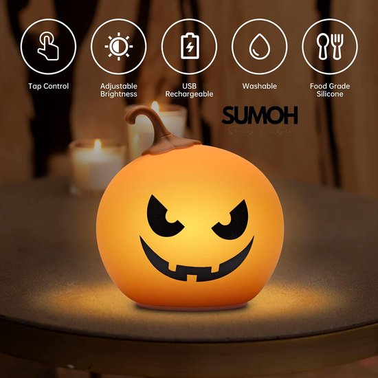SUMOH® Halloween Nachtlampje Kind – Oplaadbare LED Pompoenlamp – Touch & Klop Bediening – RGB Kleuren – 12u Brandtijd – Siliconen Nachtlampje – Veilig & Zacht – Kinderkamer – Cadeau voor Halloween & Herfst van SUMOH