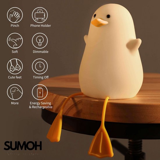 SUMOH® Nachtlampje Kinderen Baby – Eend LED Nachtlamp Siliconen – Dimbaar Oplaadbaar Touchlamp – Babykamer Slaaphulp – Cadeau Jongens Meisjes – Timer - Cadeau voor verjaardag, kraamcadeau, kerstcadeau of babyshower van SUMOH