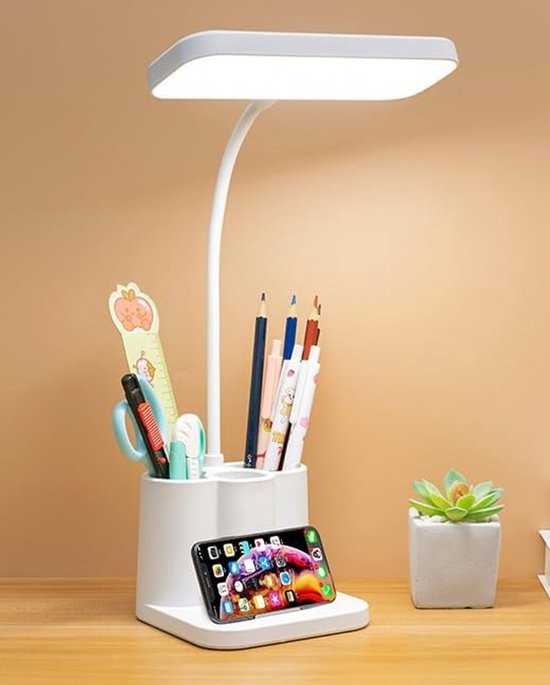 Tafellamp - Bureaulamp - LED lamp - Nachtlampje volwassenen - Nachtlampje kind - studielamp - leeslamp - oplaadbaar - op netstroom - 3 kleurtemperaturen - dimbaar 0-100% - honingraat lens - anti-blauw licht - flikkervrij - penhouder - wit