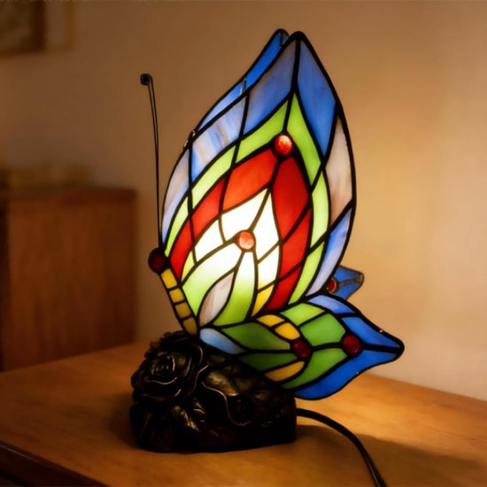 Tafellamp in Tiffany-stijl met vlinderdesign - gebrandschilderd glas, vintage metalen voet - geschikt voor slaapkamers, woonkamers en als nachtlampje op kantoor.