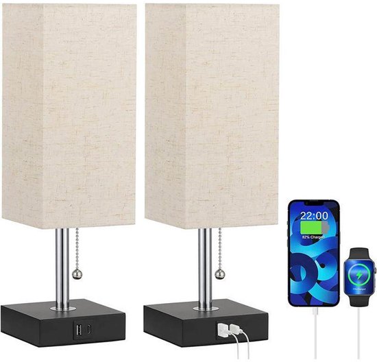 Tafellamp Set van 2, Touch Bedlampje met 3 Kleurtemperaturen en 1-100% Dimbaar, Nachtlampfunctie, USB-A en USB-C Oplaadaansluiting, Set inclusief 2 lampen met linnen lampenkap, EU stekker [Energieklasse G]