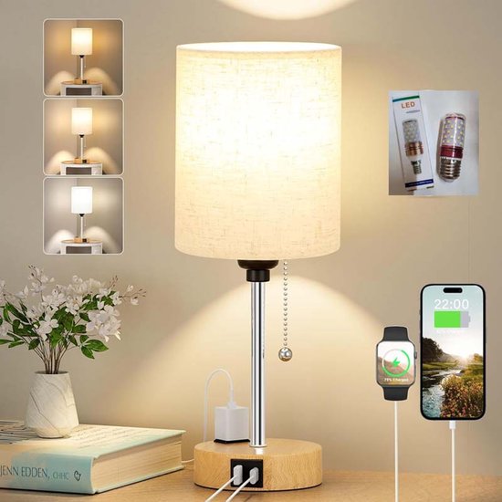 Tafellamp/nachtlampje/leeslamp/met USB-oplaadpoort/stopcontact/ritsschakelaar/eenvoudige moderne stijl/stoffen lampenkap/geschikt voor woonkamer, slaapkamer en kantoor (inclusief lamp)