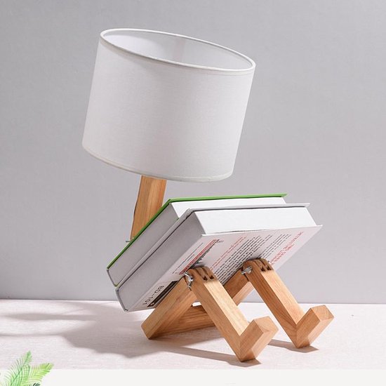 TDR - LED bureaulamp met boekenhouder - Scandinavisch design - Witte stoffen kap - Houten mannetje met verstelbare gewrichten - Zonder lichtbron