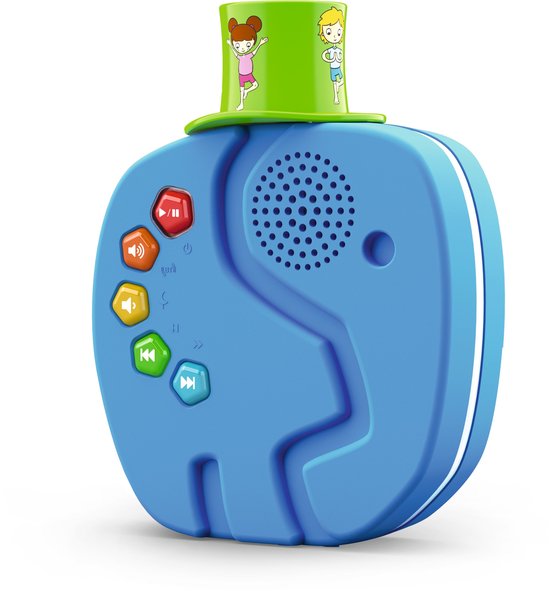 Technifant- voor kinderen een Draagbare MP3- Muziekspeler/Radio + nachtlampje met ontspannende muziek en WhiteNoise met Afspeelbare Audio-inhoud en Verwisselbare Hoed, Bluetooth, Batterij (Geen internet of abonnent nodig) Blauwe Olifant