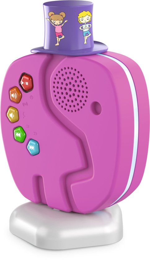 Technifant- voor kinderen een Draagbare MP3- Muziekspeler/Radio + nachtlampje met ontspannende muziek en WhiteNoise met Afspeelbare Audio-inhoud en Verwisselbare Hoed, Bluetooth, Batterij (Geen internet of abonnent nodig) Roze Olifant van Merkloos