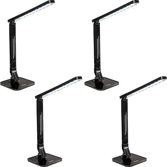 tectake® LED-Bureaulamp - Set van 4 - 14W - USB-Aansluiting voor Opladen van Tablets en Smartphones - Dimbaar met Timerfunctie en 4 Modusinstellingen - Energieklasse A+ - Zwart