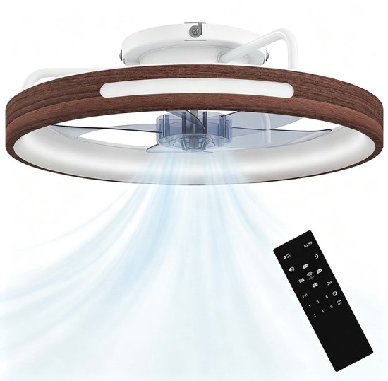 TEKROA® Plafondventilator met LED Verlichting - 40W Stille DC Motor - 6 Snelheden & 3 Kleuren - Afstandsbediening - Timer - Teakhout Look