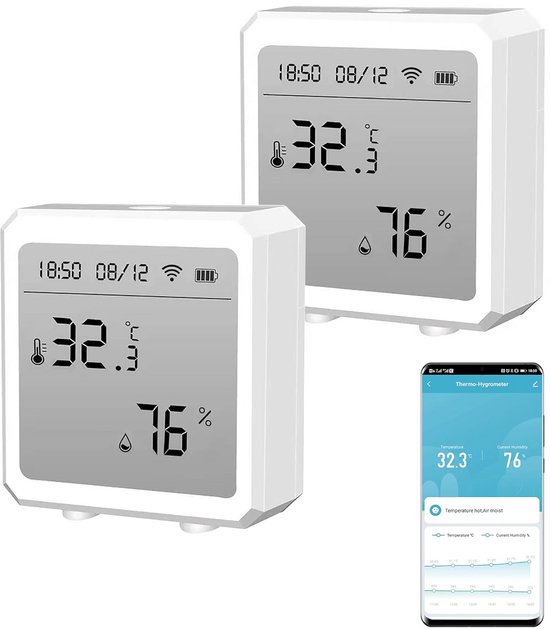 Temperatuur Vochtigheid Monitor - Slimme Sensor - Huis Bewaken - App Meldingen - 6.3 x 6 x 2.5 cm - Wit