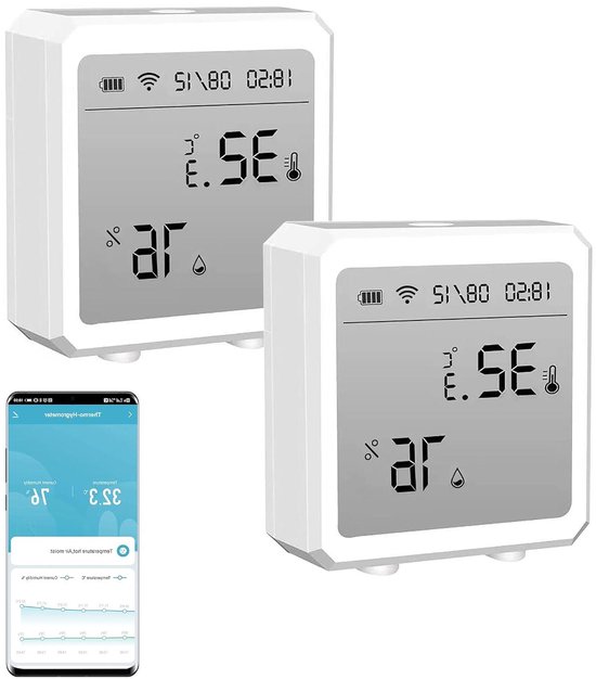 Temperatuur Vochtigheid Monitor - Slimme Sensor - Omgeving Bewaken - App Meldingen - 6.3 x 6 x 2.5 cm - Wit