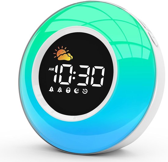 Thijox - Digitale Kinderwekker Slaaptrainer met Nachtlampje, Lichtwekker met 10 Witte Geluiden, Snooze en Timer 15/30/60/90 Minuten, LED Tafelklok zon
