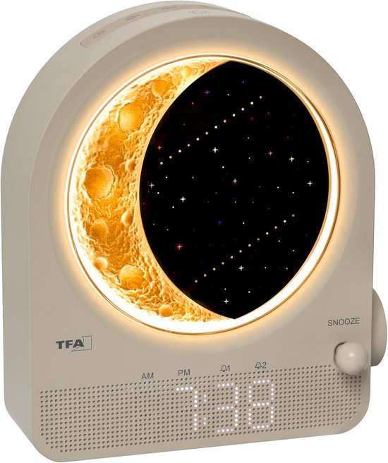 Thijox - Digitale Lichtwekker met Maanlamp, 2 Alarmen, Natuurlijke Geluiden, Nachtlampje en Bedlampje in Lichtgrijs en Beige voor Ontspannende Slaap