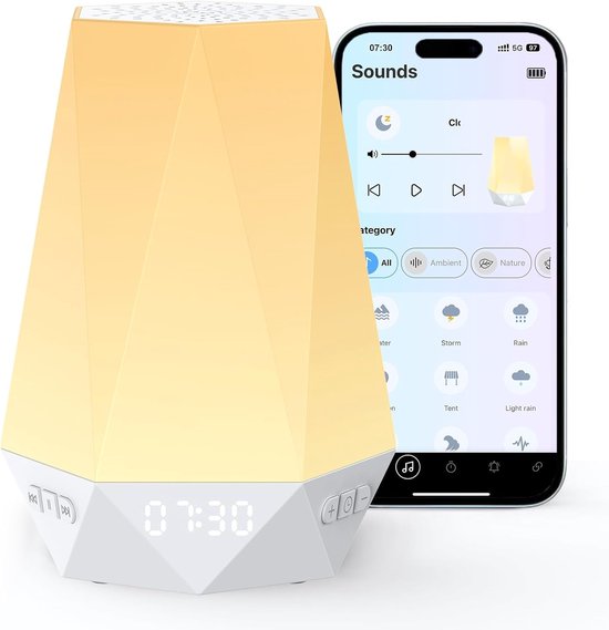 Thijox - Slaaplamp met Witte Ruis, 3-in-1 Lichtwekker, Dimbare Nachtlamp voor Kinderen, 32 Slaapgeluiden, App-Bediening, Kleurverandering, Oplaadfunct
