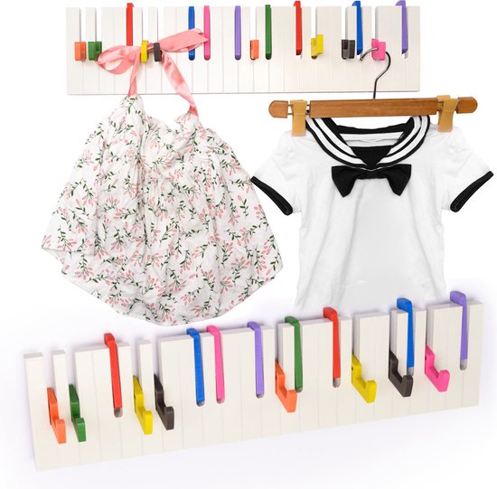 Thijox - Wandkapstok Hout voor Kinderkamer - Piano Design met 16 Ophanghaken - Wit en Kleurrijk - Stevige Kwaliteit - 60 cm Breed - Ideaal voor Organi