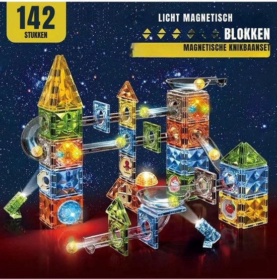 Thuys - Magnetische Knikkerbaan - Magnetic Tiles - Magnetisch Speelgoed - 142 Stuks - 34x24x9cm - Veelkleurig van Thuys