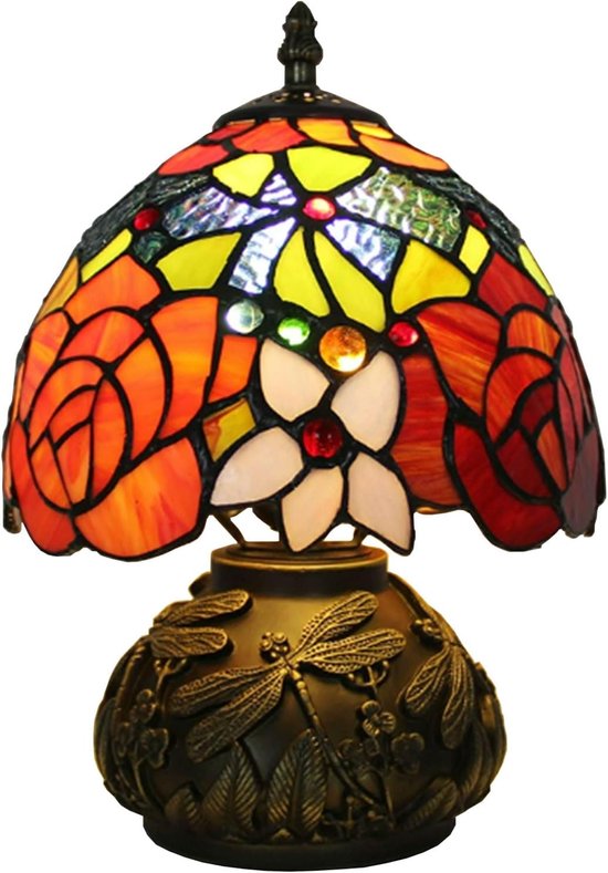 Tiffany-stijl kleine tafellamp met gebrandschilderd glas, nachtlampje, vintage handgemaakte paddenstoelvormige tafellamp, 20 cm, geschikt voor kantoor, woonkamer, slaapkamer of studeerkamer, roze.