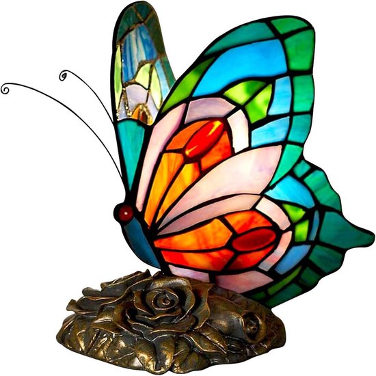 Tiffany Tafellamp, bedlamp, blauwe vlinder kleurstof, glas, vintage lampenkap voor slaapkamer, bureaulamp voor woonkamer, lezen