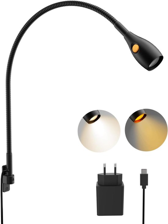 TIM® Leeslamp - Nachtlampje - Bedlampje - met Dimfunctie - Zwart - 49cm x 4cm x 4cm