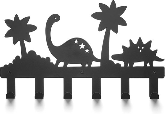 TOJ 6 Haaks Kinderkapstok - Kinder Kamer Kapstok - Wandkapstok - RVS - 40CM - Dino / Jungle Stijl - Mat Zwart