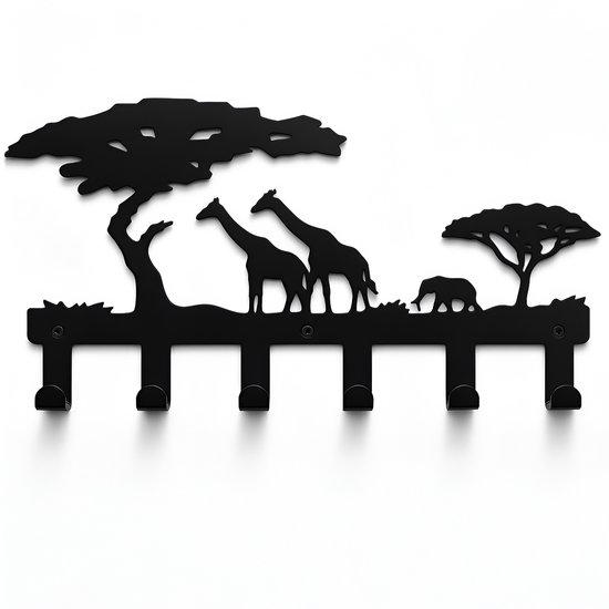 TOJ 6 Haaks Kinderkapstok - Kinder Kamer Kapstok - Wandkapstok - RVS - 40CM - Jungle Stijl - Mat Zwart