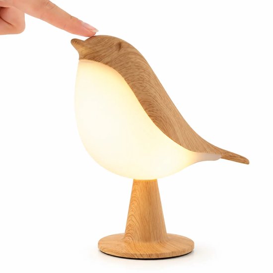 Traumheim® Vogellamp Nachtlampje – Dimbare Touch Tafellamp met 3 Lichtkleuren – Afneembaar en USB-Oplaadbaar – Draagbare Sfeerlamp voor Slaapkamer, Kinderkamer en Camping – Houtkleur