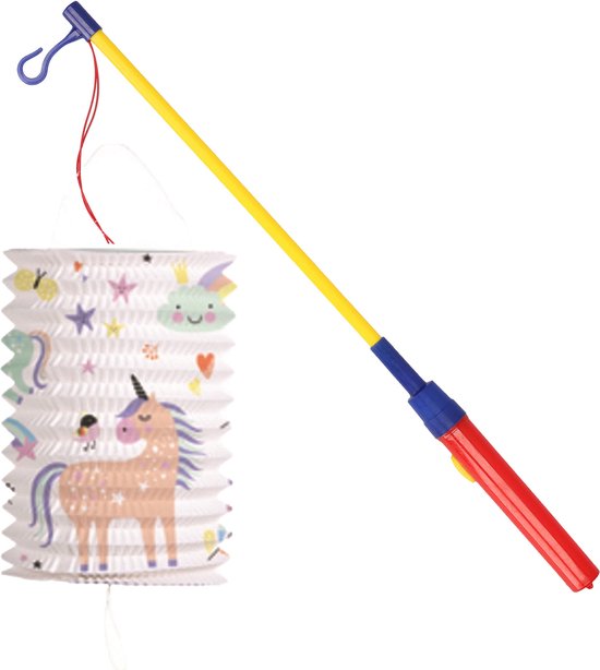 Trek lampion eenhoorns - meerkleurig - H16 cm - papier - met lampionstokje - 40 cm