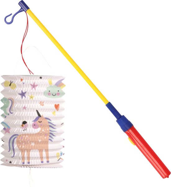 Trek lampion eenhoorns - meerkleurig - H16 cm - papier - met lampionstokje - 50 cm