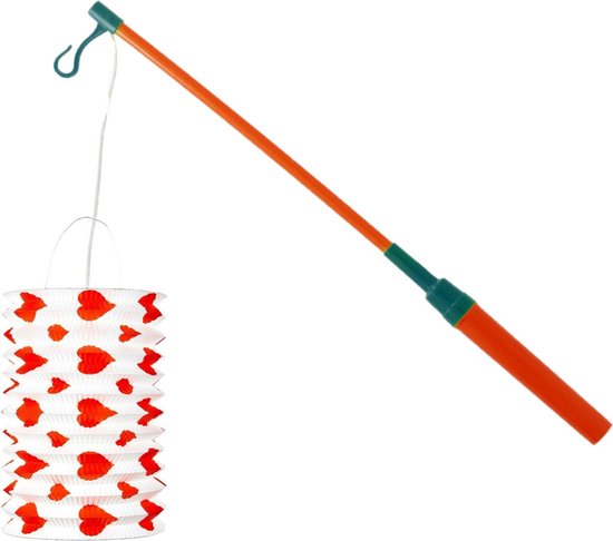 Trek lampion langwerpig - rood - H28 cm - papier - met lampionstokje - 40 cm