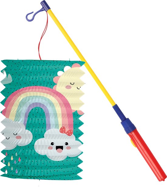 Trek lampion regenboog - blauw - H16 cm - papier - met lampionstokje - 50 cm