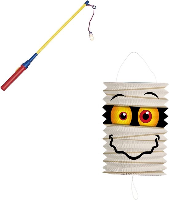 Treklampion 16 cm mummie met lampionstokje - Halloween trick or treat lampionnen versiering