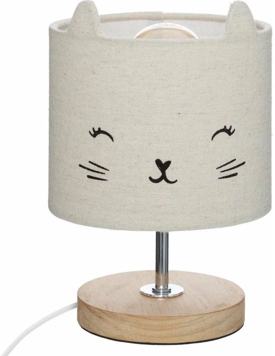 Trendoz Nachtlampje kat - voor kinderen - grijs - linnen - D15 x 21 cm - Tafellamp/bureaulamp van Trendoz