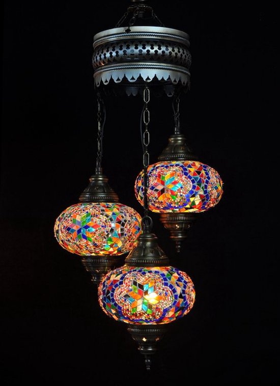 Turkse Lamp - Hanglamp - Mozaïek Lamp - Marokkaanse Lamp - Oosters Lamp - Authentiek - Handgemaakt - Kroonluchter - Multicolour mix - 3 bollen