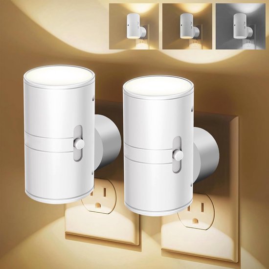 Twee LED-nachtlampjes - drie kleuren beschikbaar - instelbare helderheid - ingebouwd stopcontact - met lichtsensor - geschikt voor slaapkamers, gangen en trappenhuizen - wit van Merkloos
