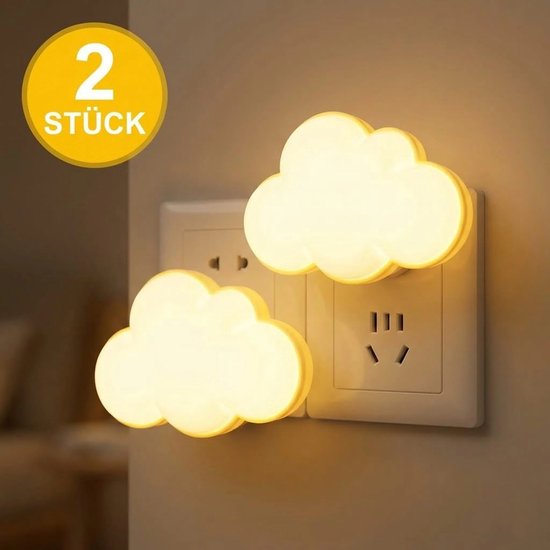 Twee LED-nachtlampjes, met stekker, lichtsensor, creatief wolkvormig ontwerp, automatische schakelaar, energiebesparend, zacht licht, geschikt voor slaapkamers, gangen en badkamers.