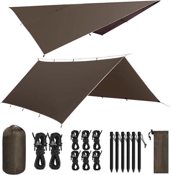 Ultralichte waterdichte tarp 3 x 4 m met UV-bescherming, 8 windtouwen en 6 aluminium spijkers, ideaal voor buitenactiviteiten en picknicks