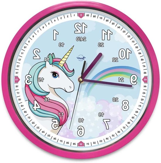 Unicorn Kinderklok - Stille Wandklok - Kinderkamer Aankleden - Geen Tikkend Geluid - 29 cm Diameter - Roze Turquoise