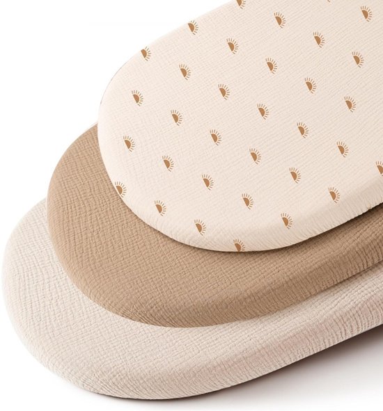 Universele Wieglaken Set │ Hoeslaken Baby voor Kinderwagen, Verschoonmand en Mozesmand │ Aankleedkussenhoes │ Kraamcadeau babyshower │ 3-pak │40x80 cm elastisch - Lichtbruin/Zon/Crème