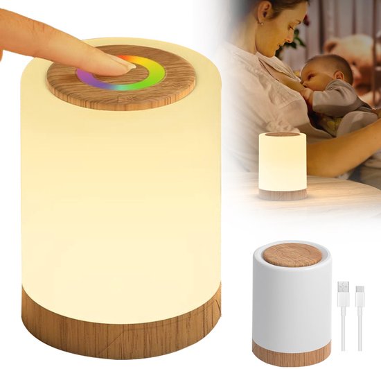 USB Oplaadbaar Nachtlampje - Warm Licht & RGB Kleuren - Timer - Nachtlampje voor de Slaapkamer - Sfeerlamp - LED verlichting - Leeslamp - Tafellamp - Bedlamp voor Baby, Kinderen & Volwassenen - Dimbaar - Touch Control - Houtnerf van HomeTree