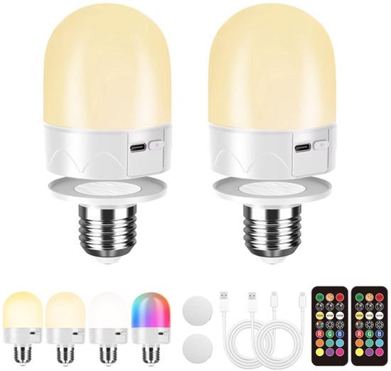 USB oplaadbare gloeilamp met afstandsbediening, E27 batterijlamp voor lamp, oplaadbare RGB-kleurveranderende lamp, 12 kleurtemperaturen, dimbaar, 3 timers, draadloos nachtlampje, 800 lm, verpakking van 2 van One Fire